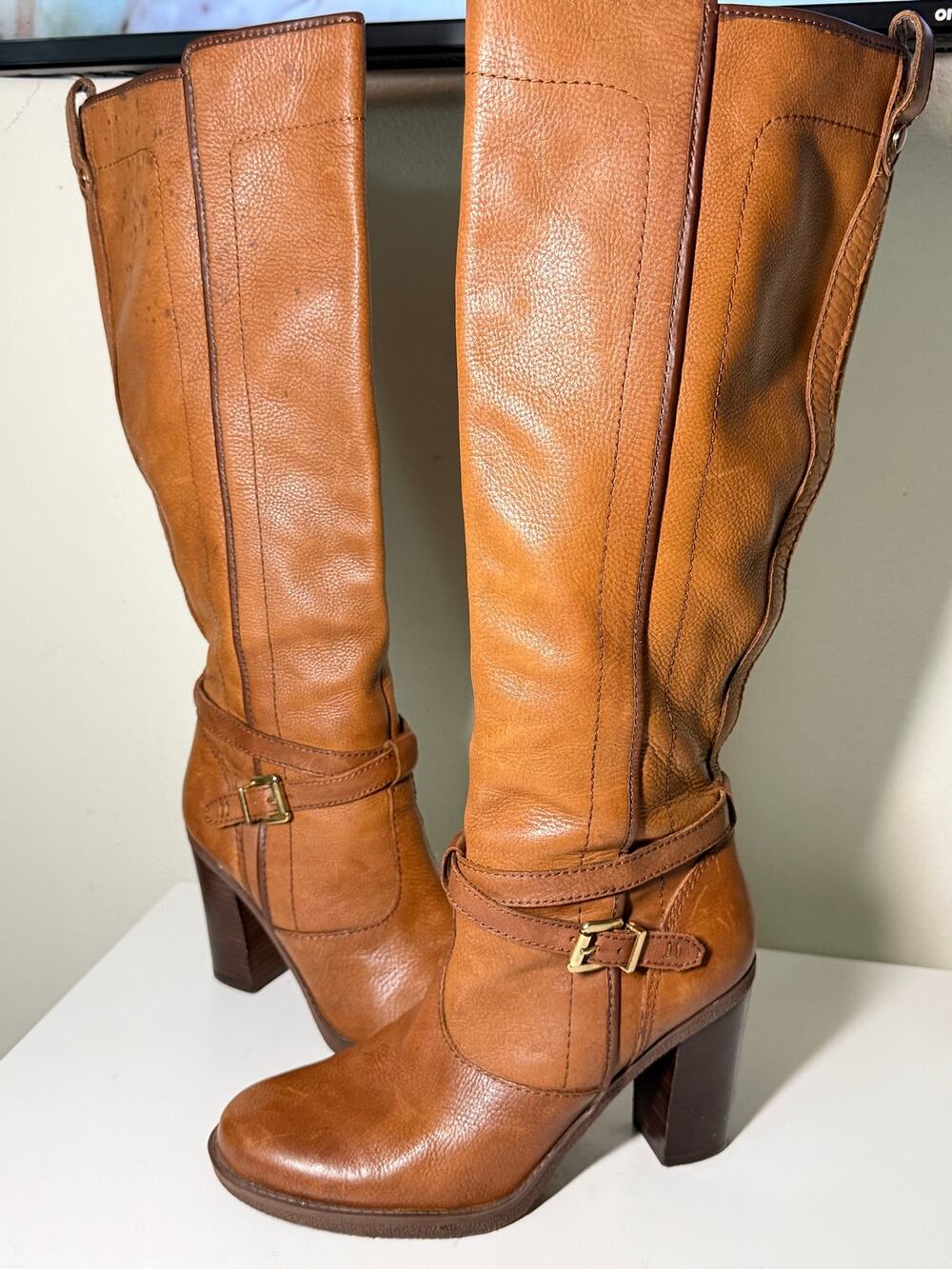 Tommy Hilfiger Cognac Leather Knee High Harness Boots Women’s 8.5M